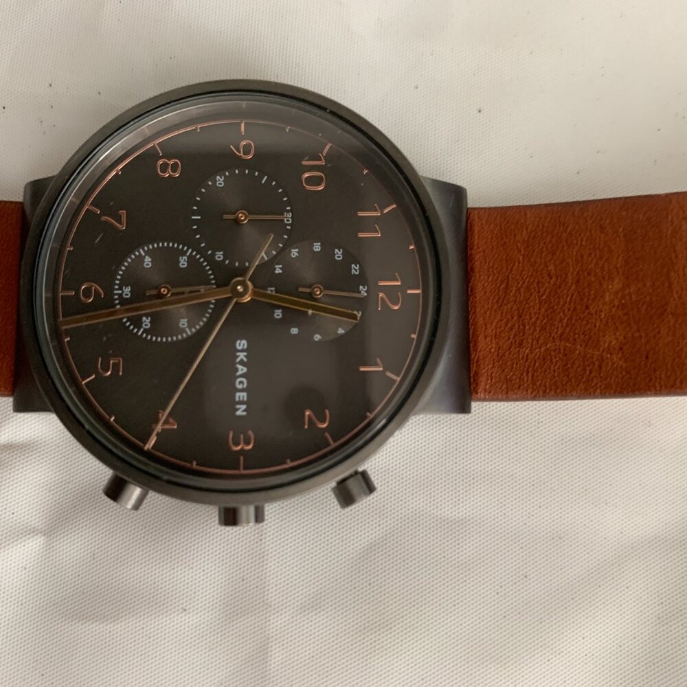 Men's Skagen Ancher Chronograph Brown Leather Strap Watch SKW6418 ⭐️ - Picture 6 of 14